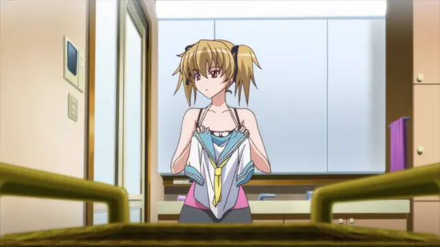 A blonde anime girl in a school uniform stands in a room, looking forward while holding onto her collar. Screenshot from Aki Sora: In a Dream - Episode 1