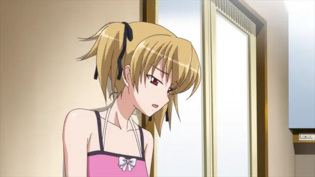 A blonde anime girl with a frustrated expression wearing a pink camisole looks down while standing in a room near a sliding door. Screenshot from Aki Sora: In a Dream - Episode 1