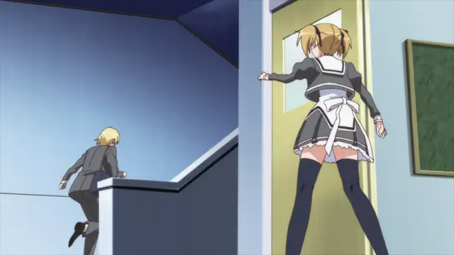 A split-screen anime scene shows a blonde man in a suit sitting on a ledge on the left and a blonde woman in a maid outfit pushing open a door on the right. Screenshot from Aki Sora: In a Dream - Episode 1