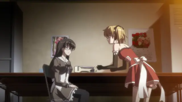 In an indoor office setting, a woman with long black hair and glasses sits at a desk while another woman in a red dress leans over the desk towards her. Screenshot from Aki Sora: In a Dream - Episode 1