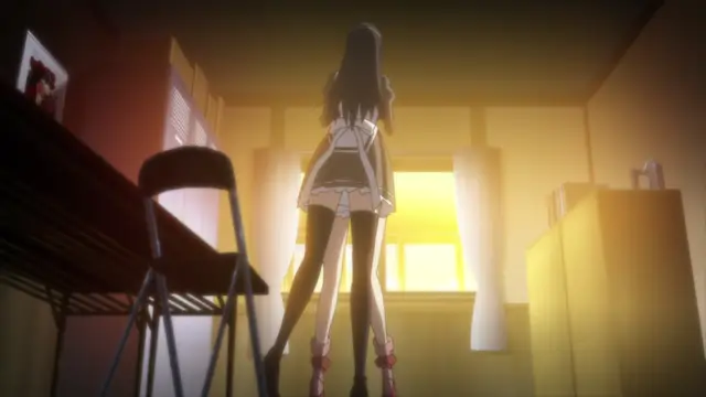 A long-haired girl in a school uniform stands with her back to the viewer, facing a bright light coming from a window in a dimly lit room with a desk and chair. Screenshot from Aki Sora: In a Dream - Episode 1