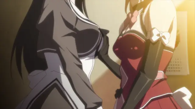 A girl in a grey and white outfit stands facing another girl in a red and white outfit with a calendar in the background. Screenshot from Aki Sora: In a Dream - Episode 1