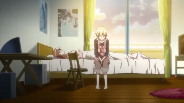 In a bedroom with sunlight streaming through the window, a blonde girl in a school uniform sits on the floor looking distressed, while another girl lies on the bed behind her. Screenshot from Aki Sora: In a Dream - Episode 1