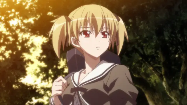 A blonde girl with pigtails in a school uniform stands in a sunlit forest with a backpack on her shoulders. Screenshot from Aki Sora: In a Dream - Episode 1