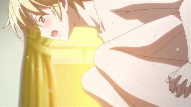 A blushing anime girl with blonde hair leans forward with a surprised expression, wearing a white towel wrapped around her body in a brightly lit bathroom. Screenshot from Aki Sora: In a Dream - Episode 1