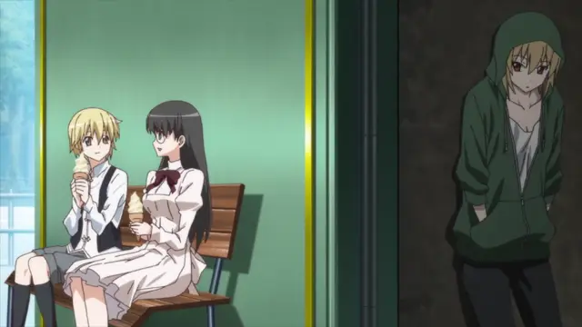 A blonde girl and a black-haired girl sit on a bench eating ice cream while a blonde girl in a green hoodie watches them from a doorway. Screenshot from Aki Sora: In a Dream - Episode 2