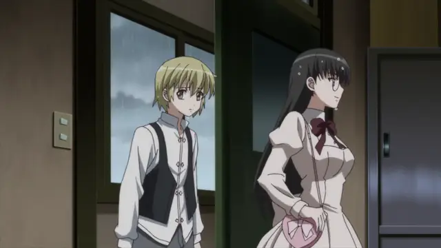 A blonde male anime student in a school uniform and a black-haired female student in a white dress with a pink bag stand side-by-side in a school hallway. Screenshot from Aki Sora: In a Dream - Episode 2