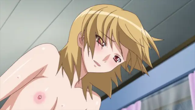 A close-up shot of a blonde anime girl with blushing cheeks and red eyes looking down with a sly smirk while her naked breasts are visible. Screenshot from Aki Sora: In a Dream - Episode 2
