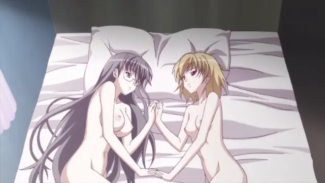 Two nude anime girls with long hair are sitting on a bed and holding hands while looking at each other. Screenshot from Aki Sora: In a Dream - Episode 2