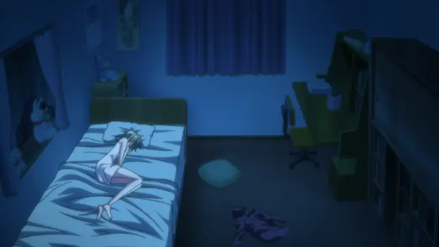 A woman in a white bikini lies face down on a bed in a dimly lit bedroom with her hands covering her face, next to a pair of discarded underwear on the floor. Screenshot from Aki Sora: In a Dream - Episode 2