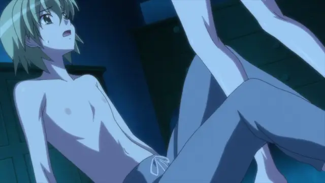 A light-haired boy in underwear sits on a bed, looking up with a shocked expression as a girl's legs are positioned in front of him. Screenshot from Aki Sora: In a Dream - Episode 2