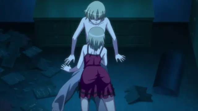 A pale-skinned, short-haired anime girl in a purple dress kneels on the floor of a messy room, looking up at another pale, hairless girl who looms over her with a vacant expression. Screenshot from Aki Sora: In a Dream - Episode 2