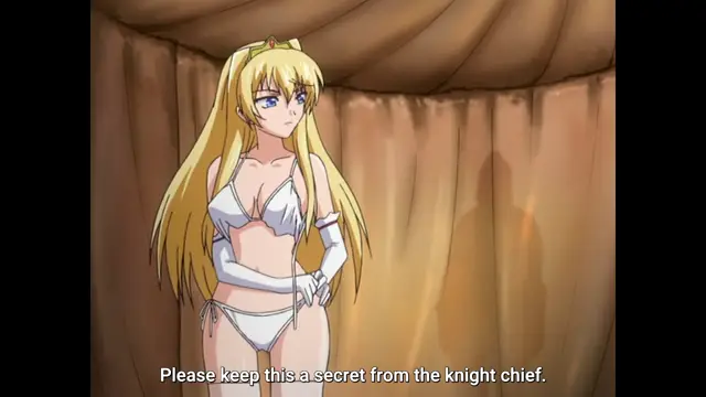 A blonde woman in white lingerie stands in front of a curtained background, looking slightly concerned as she says, "Please keep this a secret from the knight chief.". Screenshot from Inda no Himekishi Janne - Episode 1