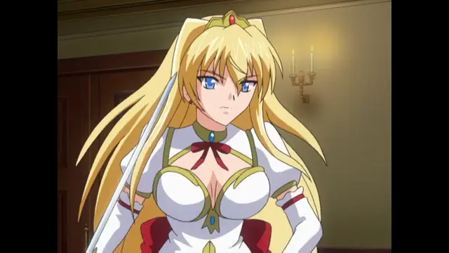 A blonde woman with large blue eyes wearing a white and gold maid-style outfit with a red ribbon around her neck stands with a serious expression. Screenshot from Inda no Himekishi Janne - Episode 1