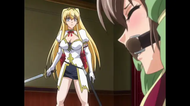 A blonde anime woman in a white and gold outfit stands holding a sword while looking at a close-up of a brown-haired woman wearing a green hood and a mask. Screenshot from Inda no Himekishi Janne - Episode 1