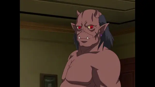 A muscular, brown-skinned demon man with horns, pointed ears, and glowing red eyes stands shirtless in an indoor setting. Screenshot from Inda no Himekishi Janne - Episode 1