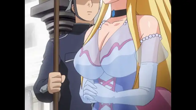 A high-quality anime scene features a blonde woman with large breasts wearing a blue and white dress and a choker standing next to a man in a black military uniform holding a staff. Screenshot from Inda no Himekishi Janne - Episode 2