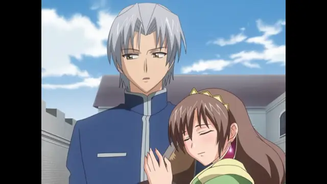 A silver-haired man in a blue uniform stands behind a brown-haired woman in a green dress who appears to be fainting or unconscious in a castle courtyard. Screenshot from Inda no Himekishi Janne - Episode 2