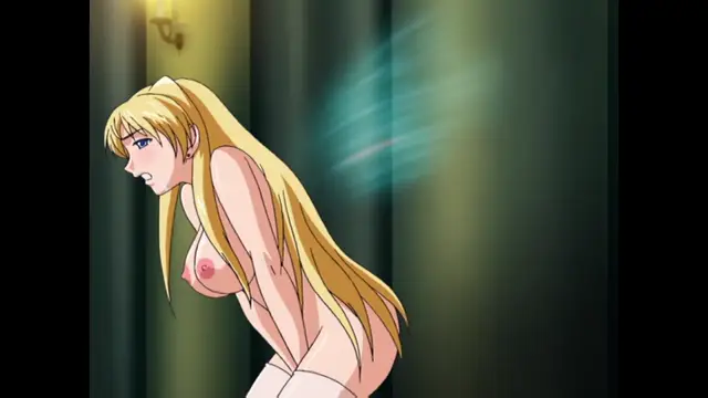 A blonde anime girl with a shocked expression stands in a dimly lit room, her clothes torn as a blurry figure with blue energy appears behind her. Screenshot from Inda no Himekishi Janne - Episode 2