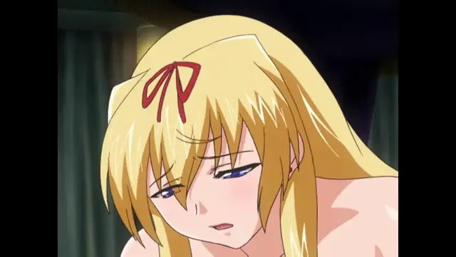 A blonde anime girl with a red hair ribbon on her forehead looks downward with a blushing, dazed expression. Screenshot from Inda no Himekishi Janne - Episode 2