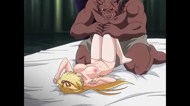 A muscular, demonic male character with horns and tusks is shown sitting on a white bed while a blonde woman lies on her back with her legs raised, posing for a scene involving a deep penetration and oral sex. Screenshot from Inda no Himekishi Janne - Episode 2
