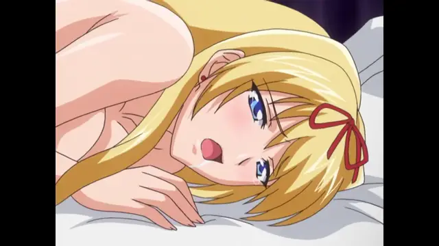 A blonde anime girl with blue eyes and a red hair ribbon lies on a white bed, looking surprised with her mouth open. Screenshot from Inda no Himekishi Janne - Episode 2