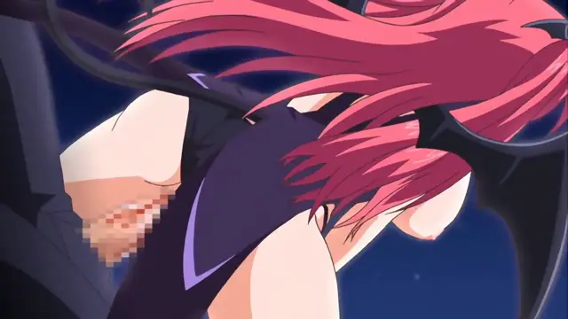 A close-up shot shows a woman with long red hair in a black outfit with a purple trim, bending over while a man stands behind her, with her large breasts prominently displayed. Screenshot from Nuki Doki Tenshi to Akuma Battle - Episode 1