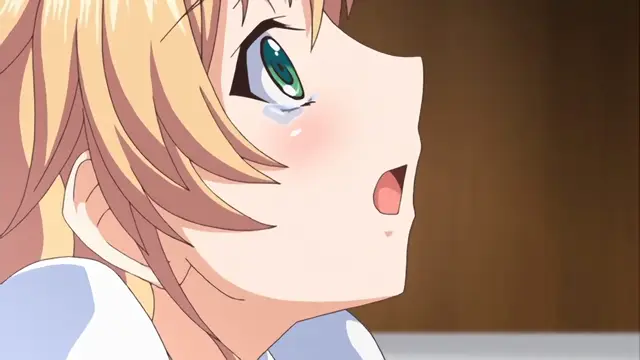 A close-up shot of a blonde anime girl with a crying expression, blushing face, and wide eyes, looking upwards with her mouth slightly open. Screenshot from Nuki Doki Tenshi to Akuma Battle - Episode 1