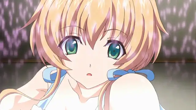 A close-up anime shot of a blonde girl with green eyes and blue ribbons in her hair looking surprised as she sits in front of a shimmering, vertical-patterned background. Screenshot from Nuki Doki Tenshi to Akuma Battle - Episode 1