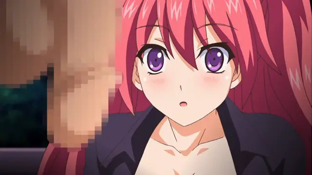 An anime girl with long pink hair and large purple eyes looks startled with a blushing face and open mouth as a pixelated male character stands close to her. Screenshot from Nuki Doki Tenshi to Akuma Battle - Episode 1