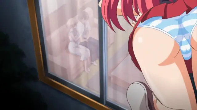 A woman in a blue and white striped bikini is seen from behind, looking through a window at a couple inside a room where a man is holding a woman in his lap. Screenshot from Nuki Doki Tenshi to Akuma Battle - Episode 1