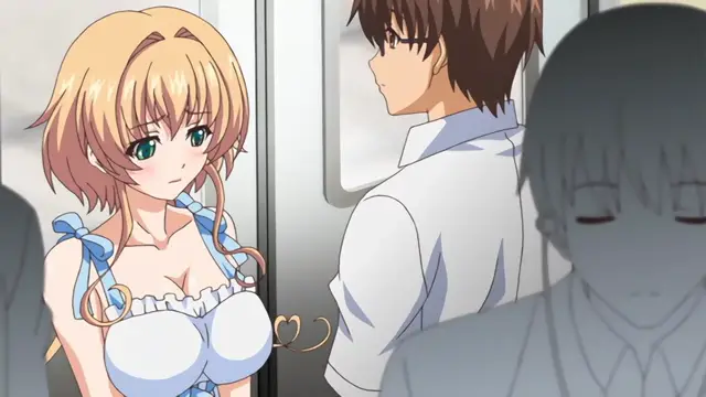 A blonde anime girl in a revealing white ruffled outfit stands in a train car facing a brown-haired man in a white shirt, while a shadowy figure looms in the foreground. Screenshot from Nuki Doki Tenshi to Akuma Battle - Episode 2