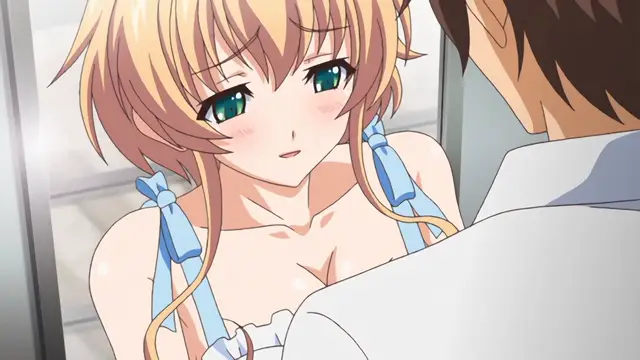 A blush-faced girl with short blonde hair and blue ribbons in her hair looks up at a man from her chest as she wears a white lace bra. Screenshot from Nuki Doki Tenshi to Akuma Battle - Episode 2