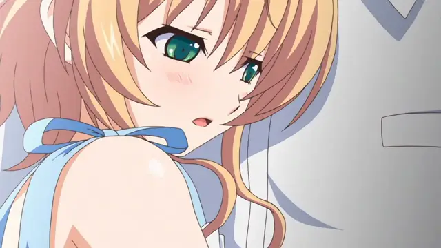 A close-up anime shot of a blushing girl with long strawberry blonde hair and blue eyes wearing a light blue camisole looks to the side with an embarrassed expression. Screenshot from Nuki Doki Tenshi to Akuma Battle - Episode 2