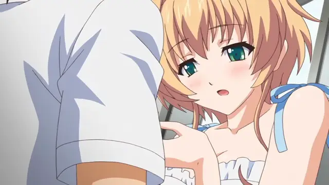 A blushing anime girl with light brown hair and large green eyes wears a blue and white bikini top and gazes up in surprise at a man in a white shirt who is standing close to her. Screenshot from Nuki Doki Tenshi to Akuma Battle - Episode 2