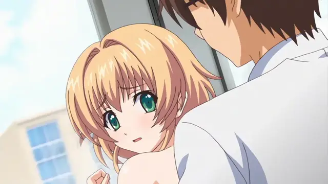 A blonde-haired girl with green eyes looks up at a brown-haired man who is shirtless from the chest down, while she appears to be being held or pressed against him. Screenshot from Nuki Doki Tenshi to Akuma Battle - Episode 2
