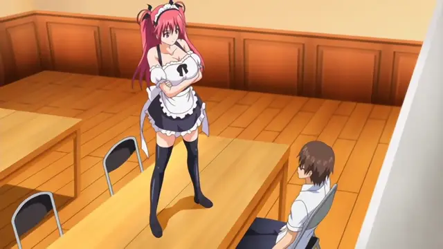 A girl with long pink hair wearing a black and white maid outfit and thigh-high boots stands in front of a desk, facing a boy who is sitting in a chair in a classroom. Screenshot from Nuki Doki Tenshi to Akuma Battle - Episode 2