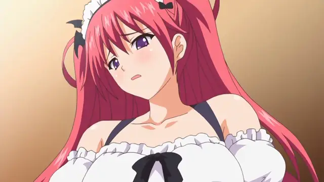 A blushing girl with long pink hair and a maid outfit looks surprised and wide-eyed. Screenshot from Nuki Doki Tenshi to Akuma Battle - Episode 2