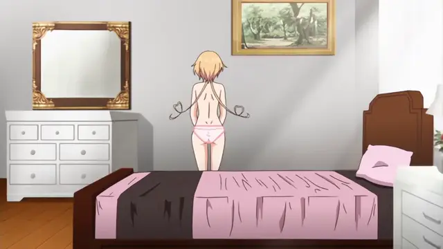 A blonde woman in pink underwear stands with her back to the viewer in a bedroom, facing a mirror and a bed, with her hands tied behind her back by a rope. Screenshot from Nuki Doki Tenshi to Akuma Battle - Episode 2