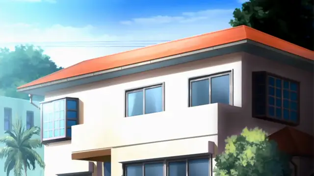A wide shot of a two-story modern house with a red roof and large windows situated in a sunny, tropical setting with palm trees and greenery. Screenshot from Nuki Doki Tenshi to Akuma Battle - Episode 2