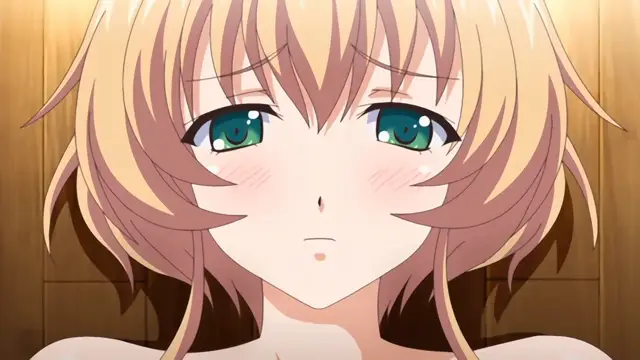 A close-up shot of a blushing anime girl with blonde hair and green eyes looking down with a tearful expression. Screenshot from Nuki Doki Tenshi to Akuma Battle - Episode 2