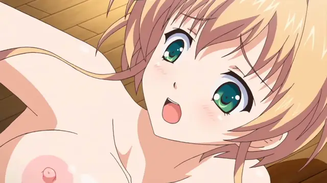A blonde anime girl with green eyes looks up with an open-mouthed, blushing expression while lying naked on a wooden floor. Screenshot from Nuki Doki Tenshi to Akuma Battle - Episode 2