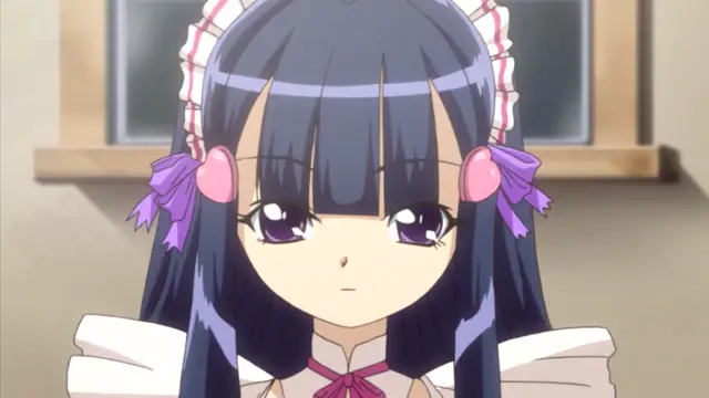 A close-up shot of a girl with dark hair and purple eyes wearing a maid outfit with a pink bow, looking forward with a neutral expression. Screenshot from Oshiete Re Maid - Episode 1