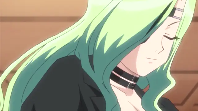 A long-haired anime girl with mint green hair and a black choker is shown with her eyes closed in a serene expression. Screenshot from Oshiete Re Maid - Episode 1