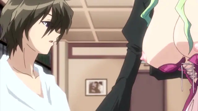 A brown-haired male anime character looks on with a stunned expression as a woman with green hair and large breasts, wearing a black long-sleeved top and a pink corset, stands before him. Screenshot from Oshiete Re Maid - Episode 1