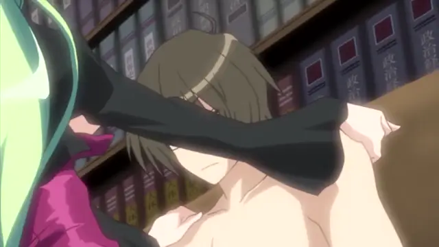 A girl with green hair and a pink outfit is pinning a shirtless male character against a bookshelf in a library setting, covering his eyes with her hand. Screenshot from Oshiete Re Maid - Episode 1