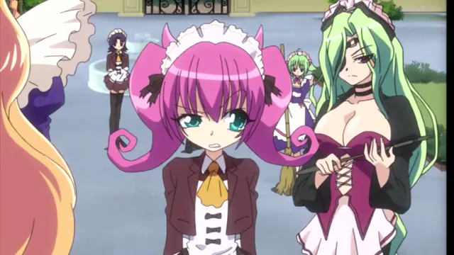 A pink-haired anime girl in a maid outfit stands in the foreground with a shocked expression, while a green-haired girl with a plunging neckline and a choker stands beside her in a courtyard with several other anime characters in the background. Screenshot from Oshiete Re Maid - Episode 1