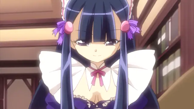 A blue-haired anime girl with pigtails and a maid outfit gazes forward with a sly smile, exposing her large breasts. Screenshot from Oshiete Re Maid - Episode 1