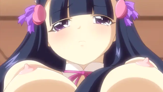 A blushing anime girl with long black hair and purple ribbons in her hair stares with a lustful expression while her large breasts are exposed. Screenshot from Oshiete Re Maid - Episode 1