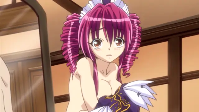 An anime girl with pink hair and large red eyes wears a ruffled blue and white dress and has an embarrassed expression while standing in a traditional room. Screenshot from Oshiete Re Maid - Episode 1